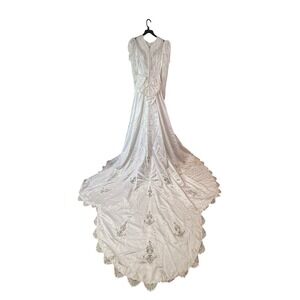 Vintage White Wedding Dress Bridal Gown Long Sleeve Train Lace Beading Bow Small